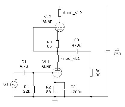 Моделирование работы каскада SRPP на лампе 6Н6П (1)