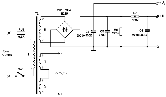 Принципиальная схема источника питания для усилителя низкой частоты на лампе PCL86
